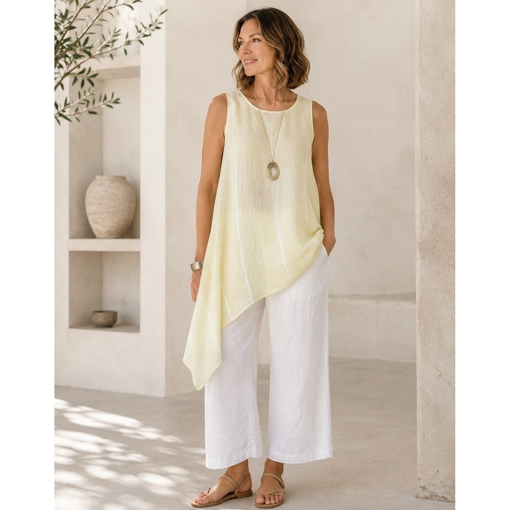 OSKA 100% Linen Asymmetrical Tunic Tank 0/US 4-6 Butter Yellow Lagenlook